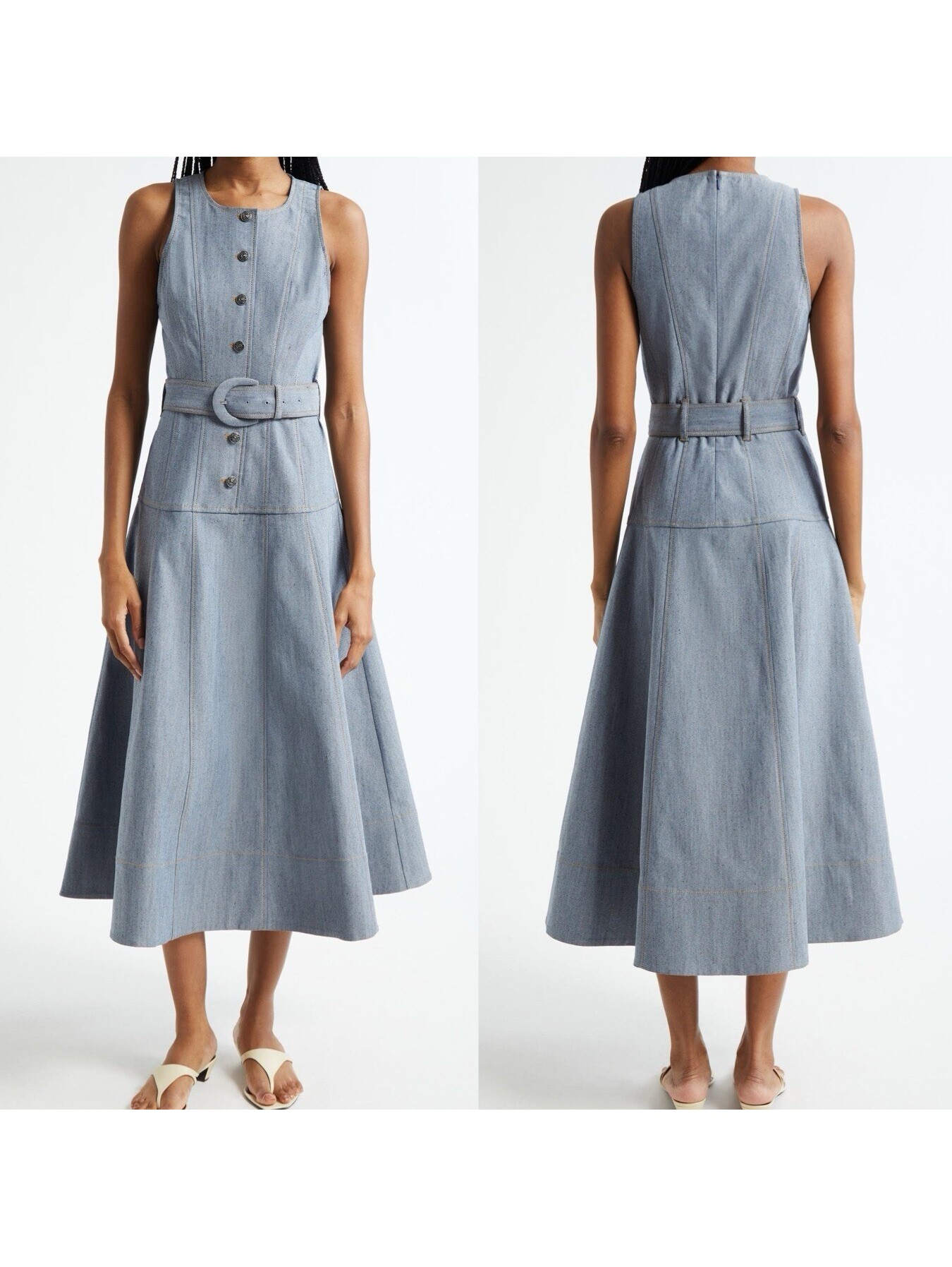 $495 Nwt Cinq Sept Margaret Sleeveless Denim Midi Dress (Missing Belt) Sz 2